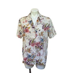 Vintage 90s Antique Floral Button Down Casual Shirt Cottagecore Cream Pink